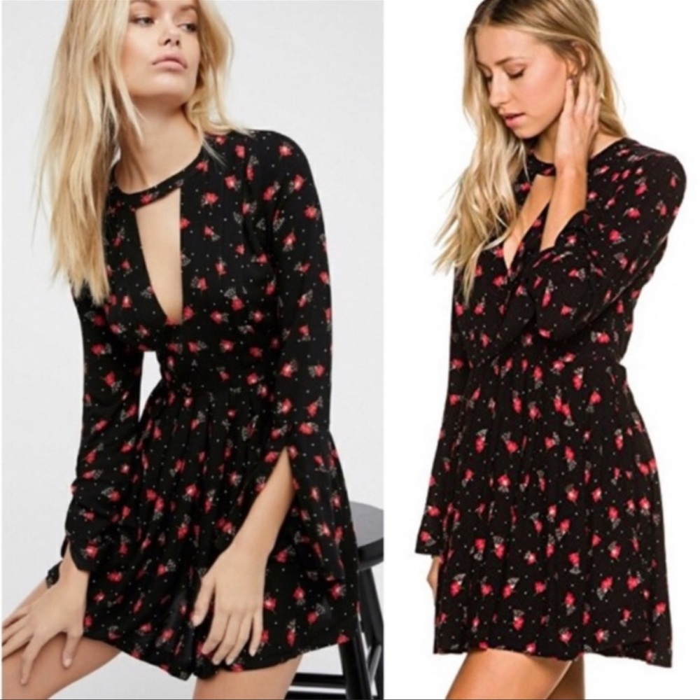 Free people Tegan black red floral print dress size 0